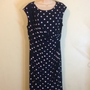 Connected Apparel Blue Pink Polka Dots Dress Faux Wrap Cap Sleeves Size 16